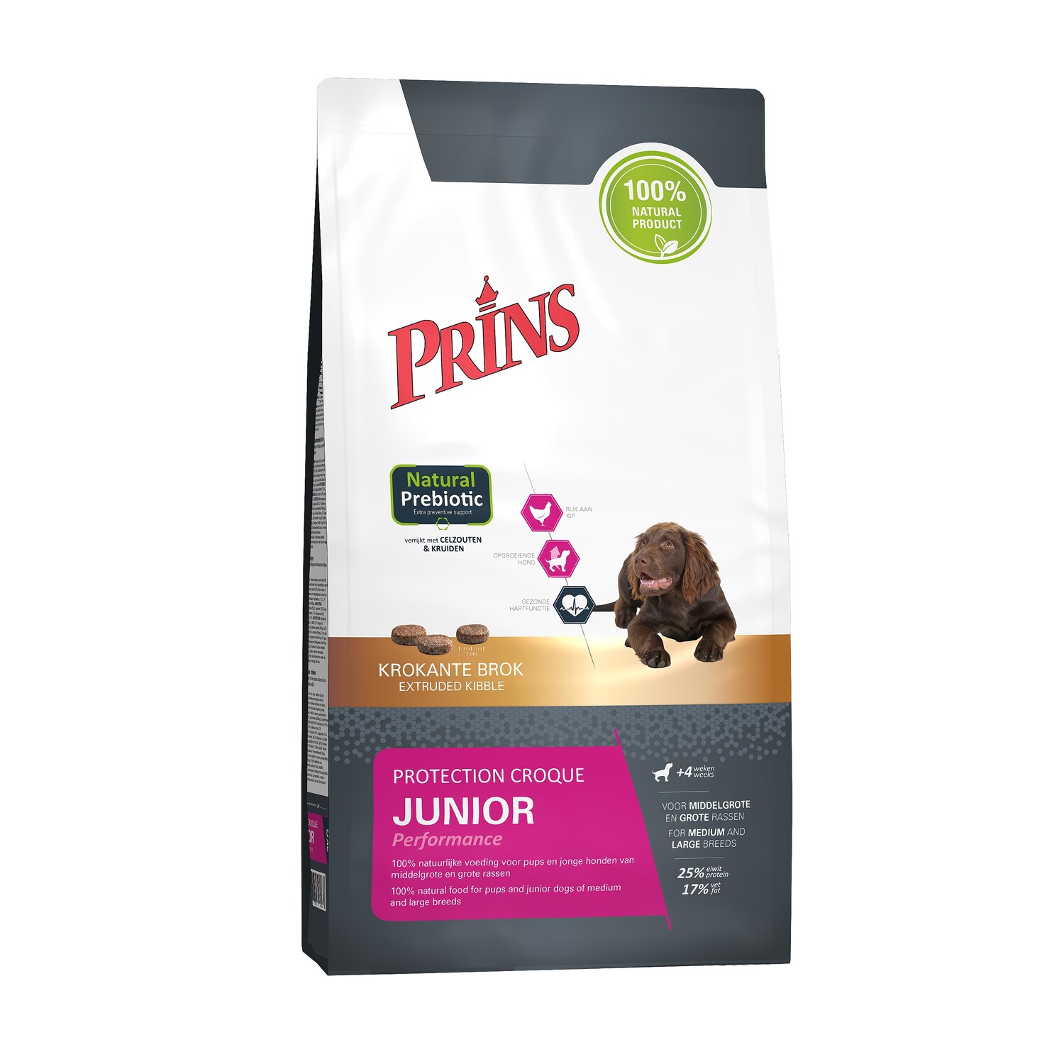 Koop Prins Protection Croque Junior Performance 2 kg bij Schuurman Dier & Hengelsport. Premium puppyvoer voor middelgrote en grote honden met hoogwaardige eiwitten, calcium en Omega 3 & 6. Snel uit eigen voorraad leverbaar.