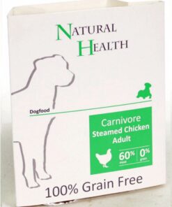 Bestel Natural Health Dog Steamed Carnivore Chicken 7 x 395 gram bij Schuurman Dier & Hengelsport. Graanvrij gestoomd hondenvoer met 60% kip.