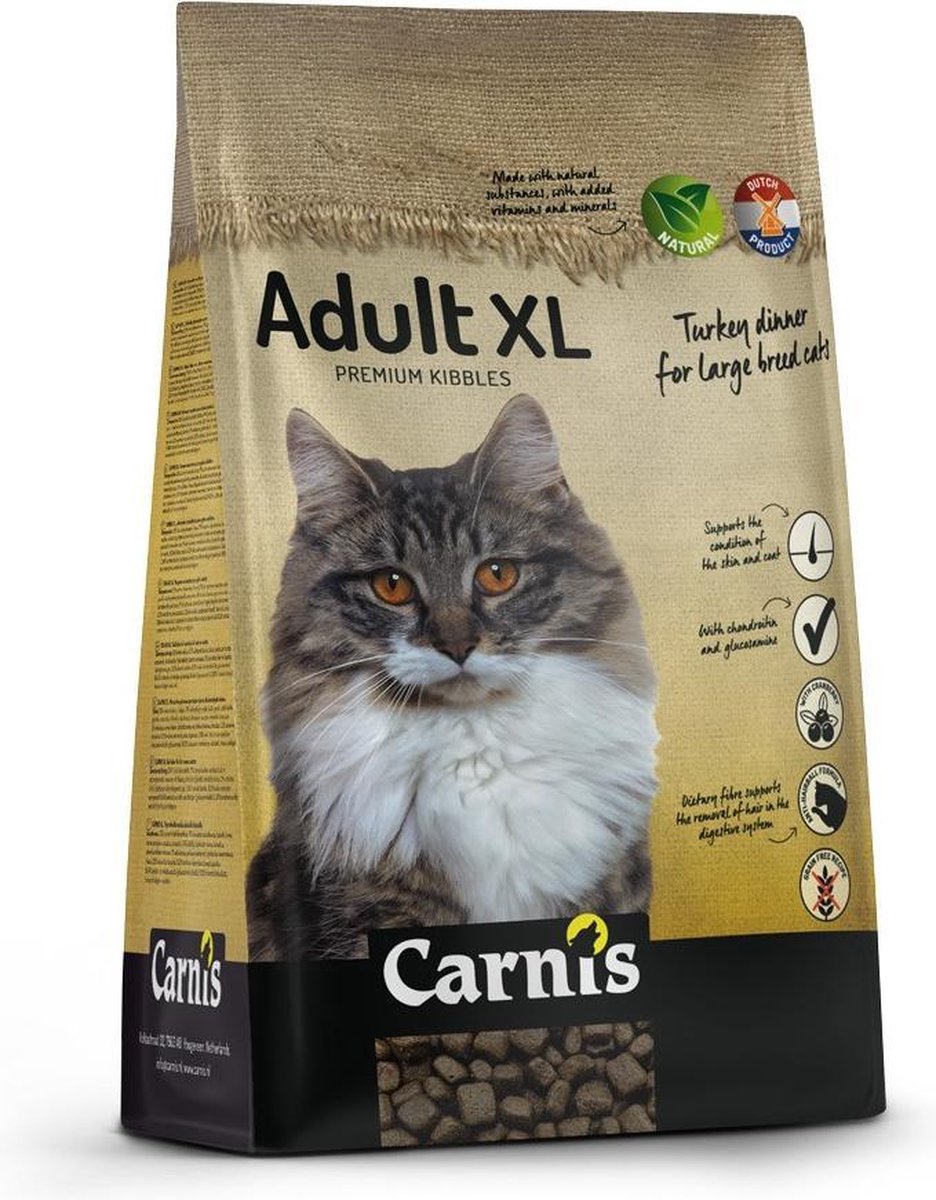 Carnis Kat Droog XL 7 kg kopen? Kattenvoer met extra grote brokken, ideaal voor grotere katten en katten die graag een flinke brok eten.