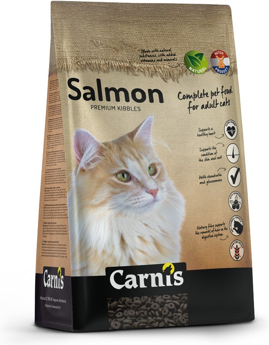 Carnis Kat Droog Zalm 7 kg kopen? Smakelijke kattenbrokken met zalm in een royale 7 kg verpakking. Ideaal als dagelijkse voeding en voor meerdere katten.