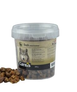 Carnis Mini Trainer Eend 250 gram kopen? Kleine hondensnacks met eend, ideaal voor training en beloning. Bestel bij Schuurman Dier & Hengelsport