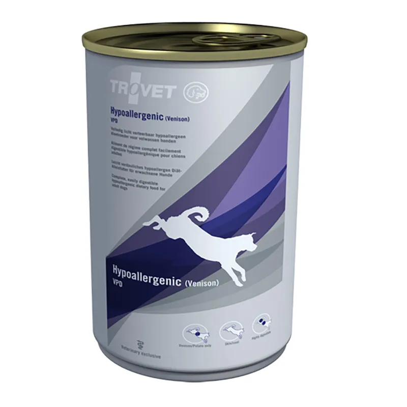 Bestel TROVET Hypoallergenic Venison VPD 6 x 400 gram bij Schuurman Dier & Hengelsport. Hypoallergeen natvoer met hert en aardappel voor honden.