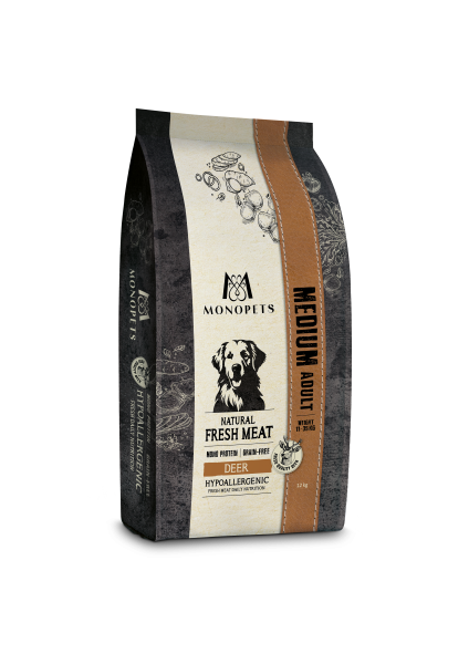 Monopets Fresh Meat Adult Medium Deer kopen? Graanvrij hondenvoer met 40% hert, waarvan 30% vers hert. Monoproteïne voor volwassen middelgrote honden