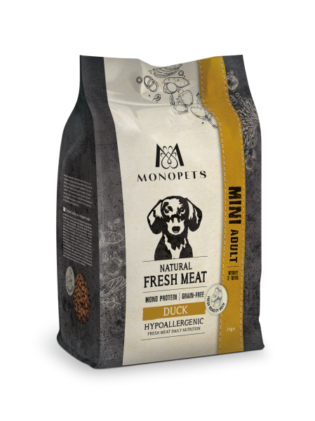 Monopets Fresh Meat Adult Mini Duck kopen? Graanvrij monoproteïne hondenvoer met 40% eend, waarvan 30% vers. Speciaal voor kleine volwassen honden.