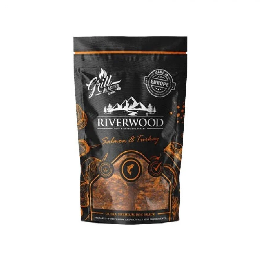 Riverwood Grillmaster Zalm & Kalkoen 100 gram kopen? Graanvrije semi-moist hondensnack met kalkoen, zalm en haring. Bestel bij Schuurman Dier & Hengelsport.