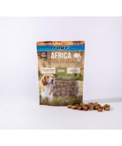 Rogz Dog Treat Skin & Coat Zebra 100 g met 27% zebravlees, zalmolie en omega 3 & 6. Graanvrije hondensnack gericht op ondersteuning van huid en vach