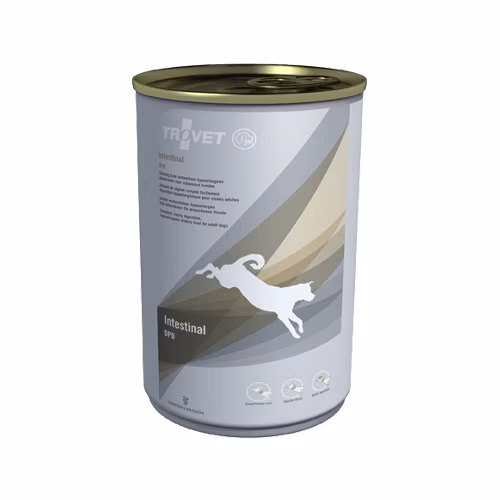 TROVET Intestinal DPD Hond 6 x 400 gram is licht verteerbaar hypoallergeen dieetvoer met eend en aardappel voor honden met maag-darmproblemen.