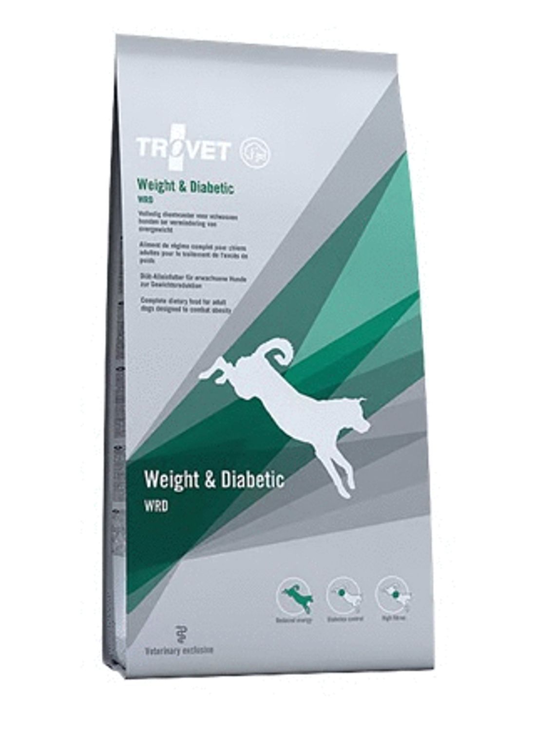 TROVET WRD Weight & Diabetic Dog is dieetvoer voor volwassen honden met overgewicht of diabetes. Eiwitrijk, vetarm en met extra vezels voor verzadiging.