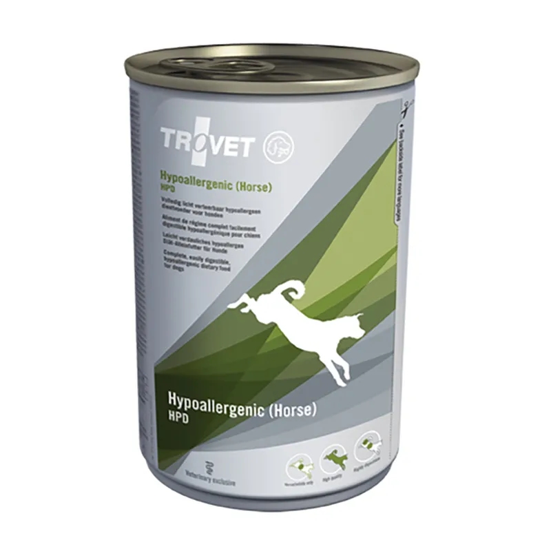 TROVET Hypoallergenic Paard HPD 6x400g kopen? Complete hypoallergene natvoeding met paard en aardappel voor honden met voedselovergevoeligheid.
