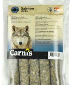 Carnis Zalm Sticks 5 stuks: hondensnacks van 60% zalm en 40% kabeljauw, circa 15 cm lang. Bestel bij Schuurman Dier & Hengelsport