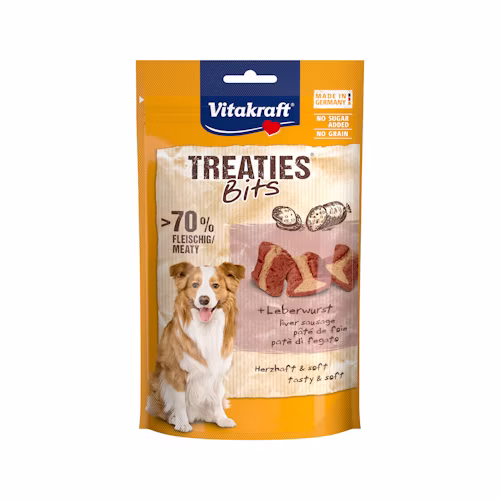 Vitakraft Treaties Bits Leverworst 120 gram kopen? Kleine zachte hondensnacks met leverworstsmaak, ideaal als beloning. Bestel bij Schuurman Dier & Hengelsport.